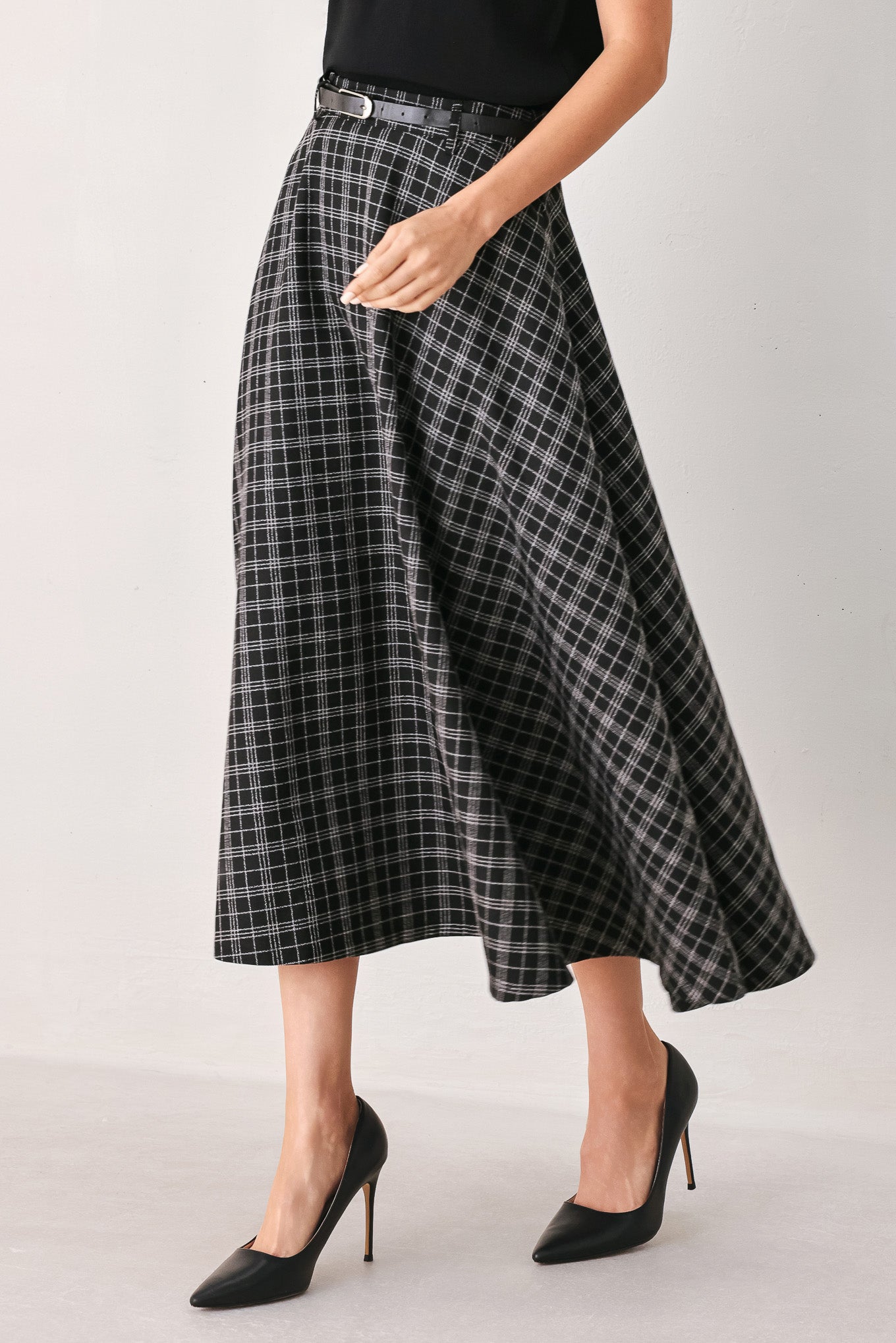 Flying Tomato | Black Plaid Full Midi Skirt