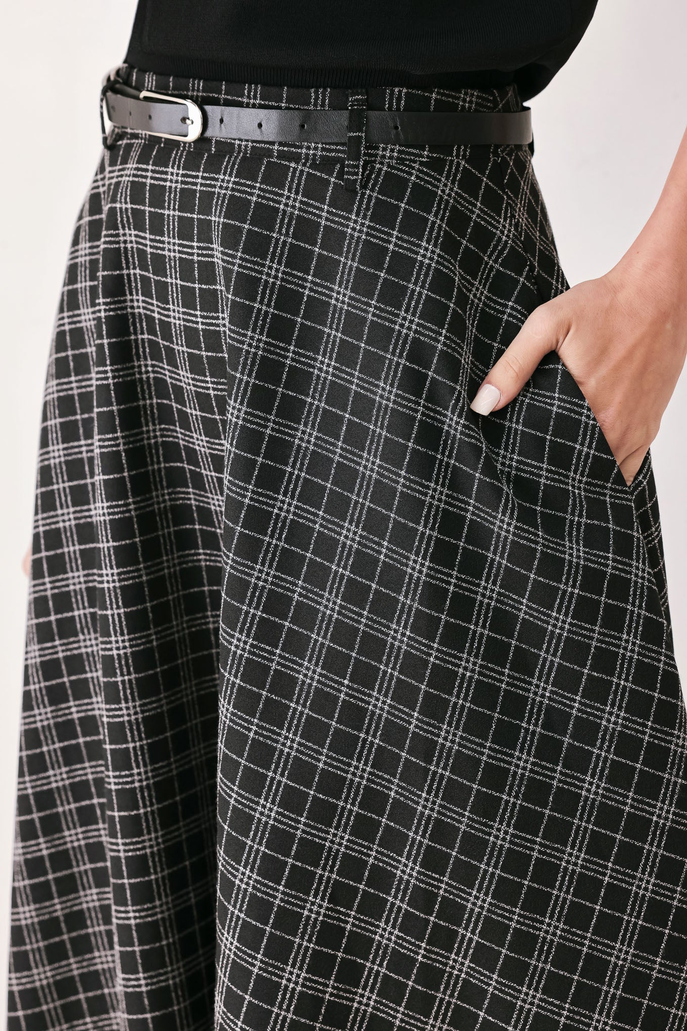Flying Tomato | Black Plaid Full Midi Skirt