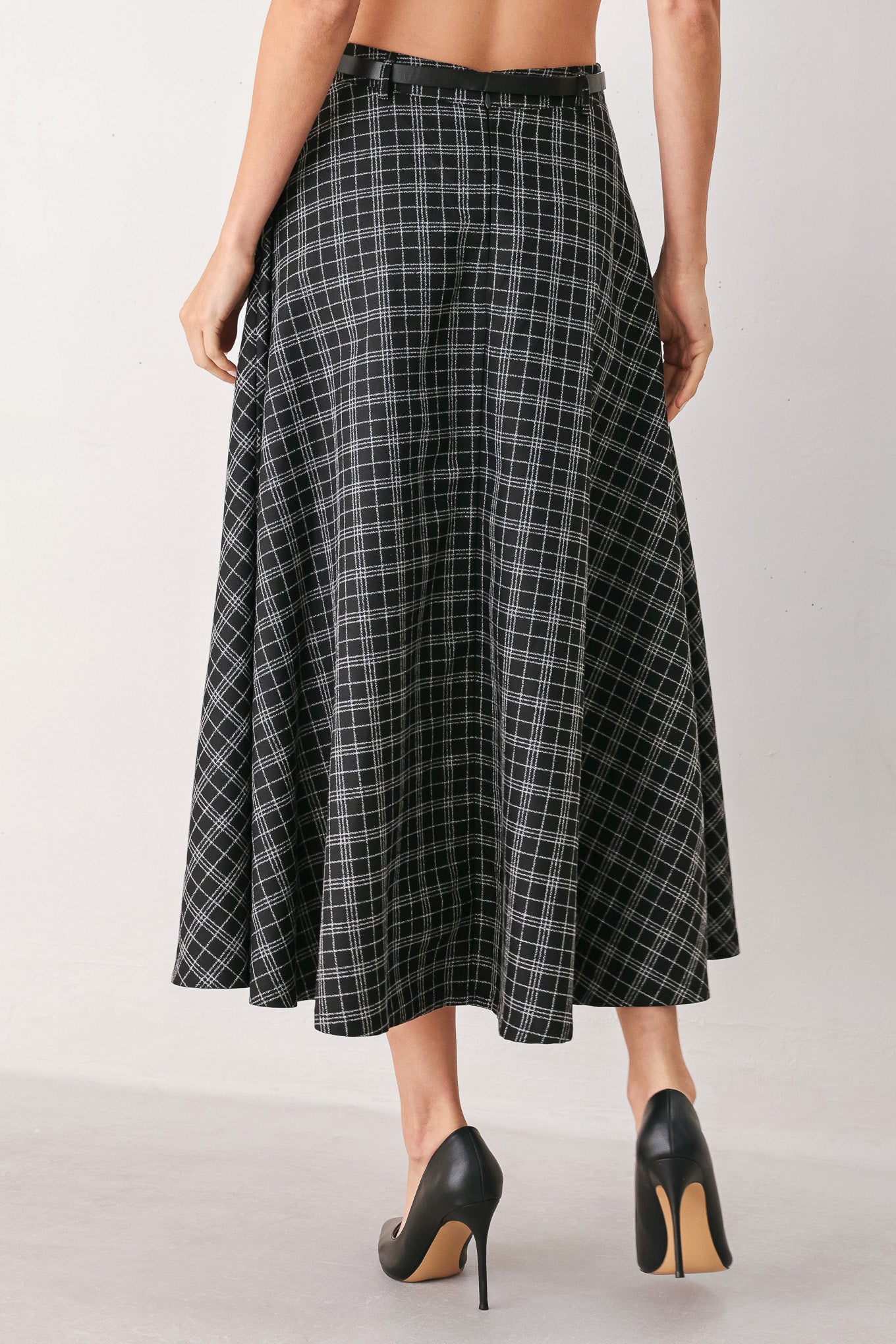 Flying Tomato | Black Plaid Full Midi Skirt