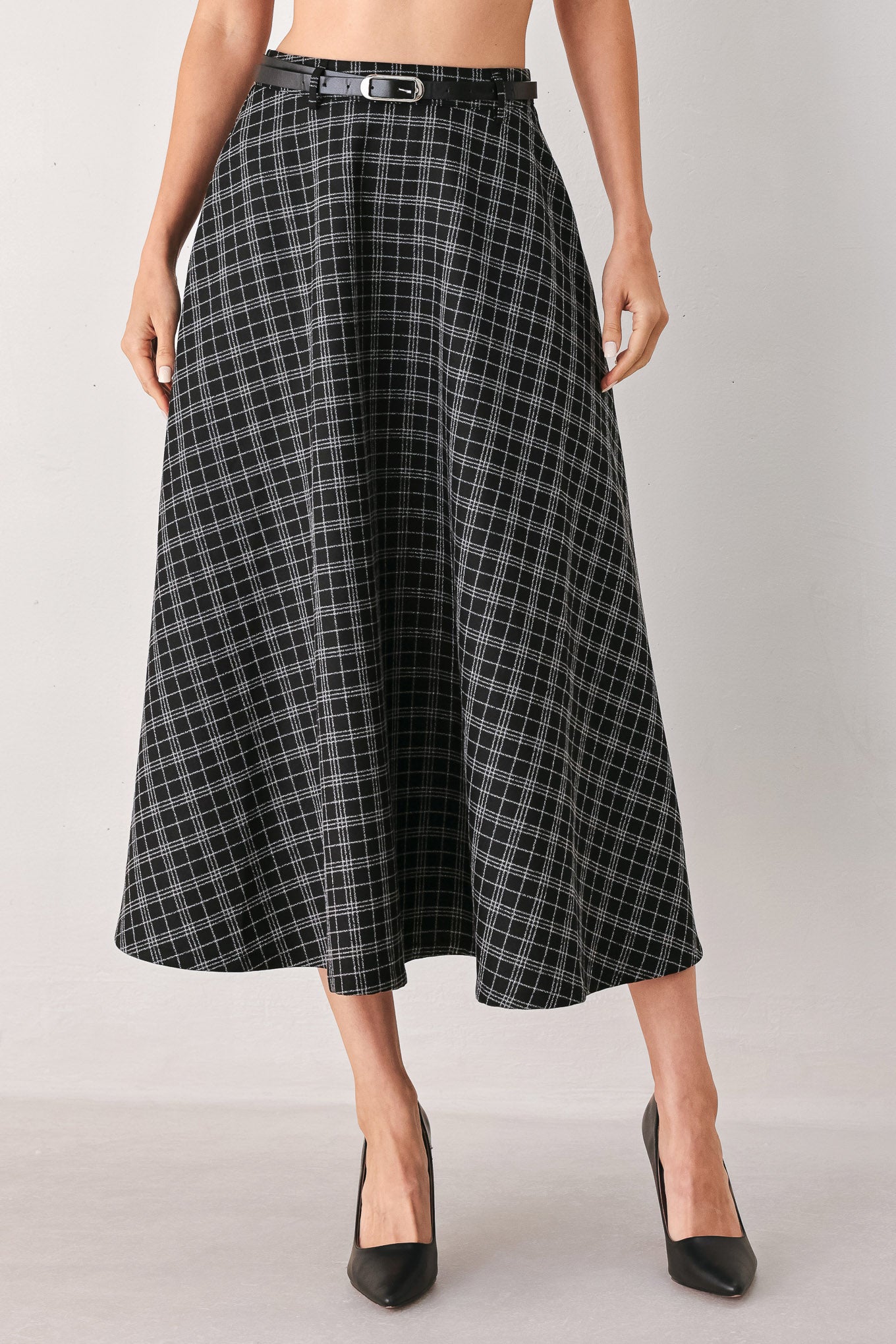 Flying Tomato | Black Plaid Full Midi Skirt
