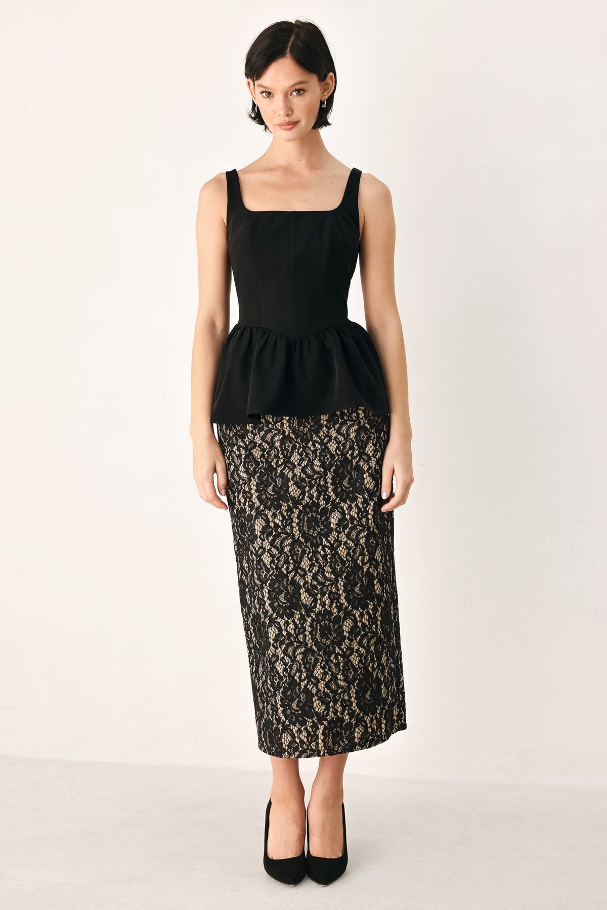 Flying Tomato | Lace Theory Black Lace Pencil Midi Skirt