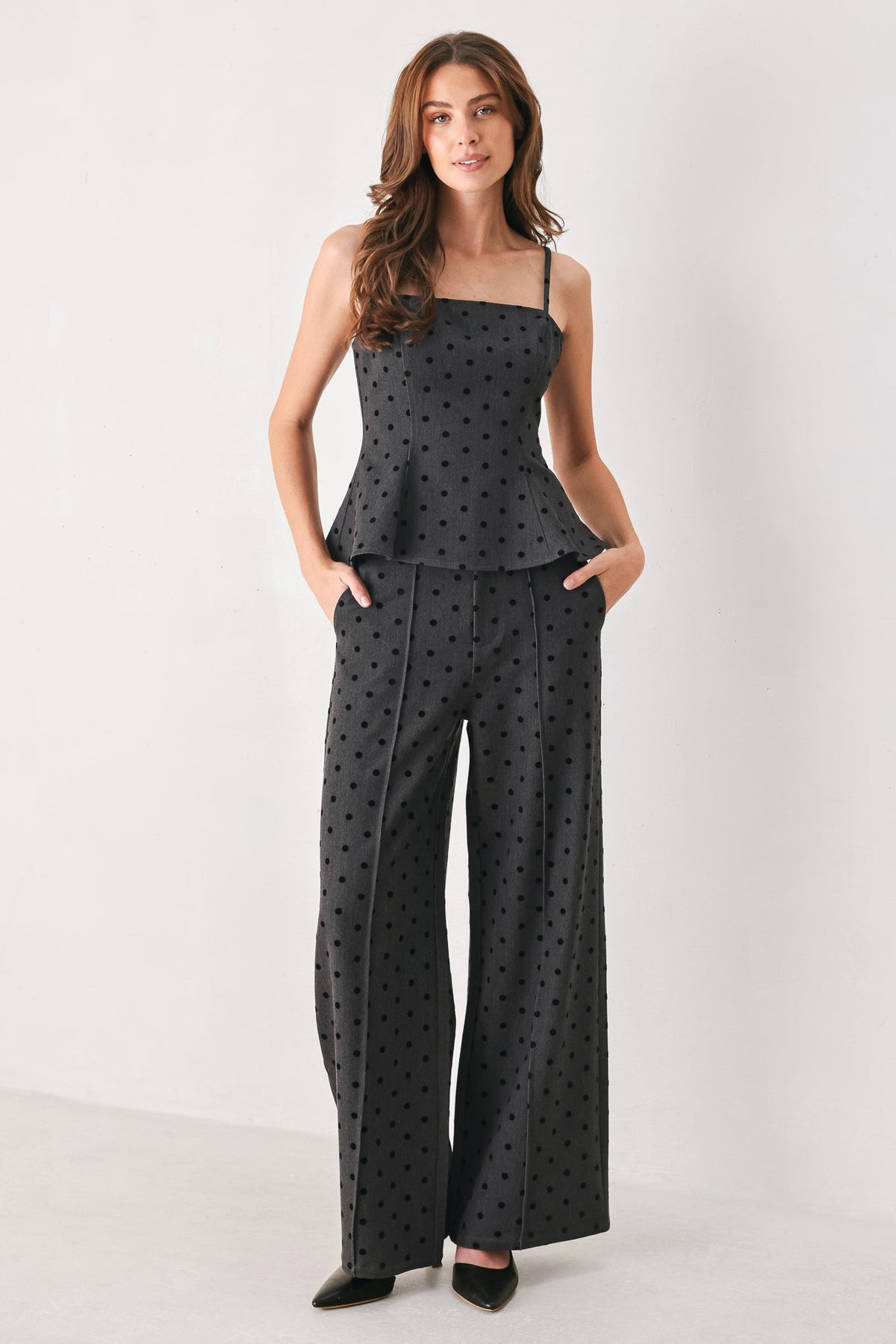 Flying Tomato Charcoal Dot High Waist Wide Leg Pants