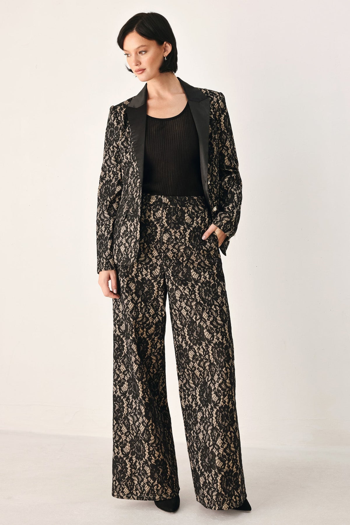 Flying Tomato Lace Theory Black and Camel Lace Wide Leg Pants