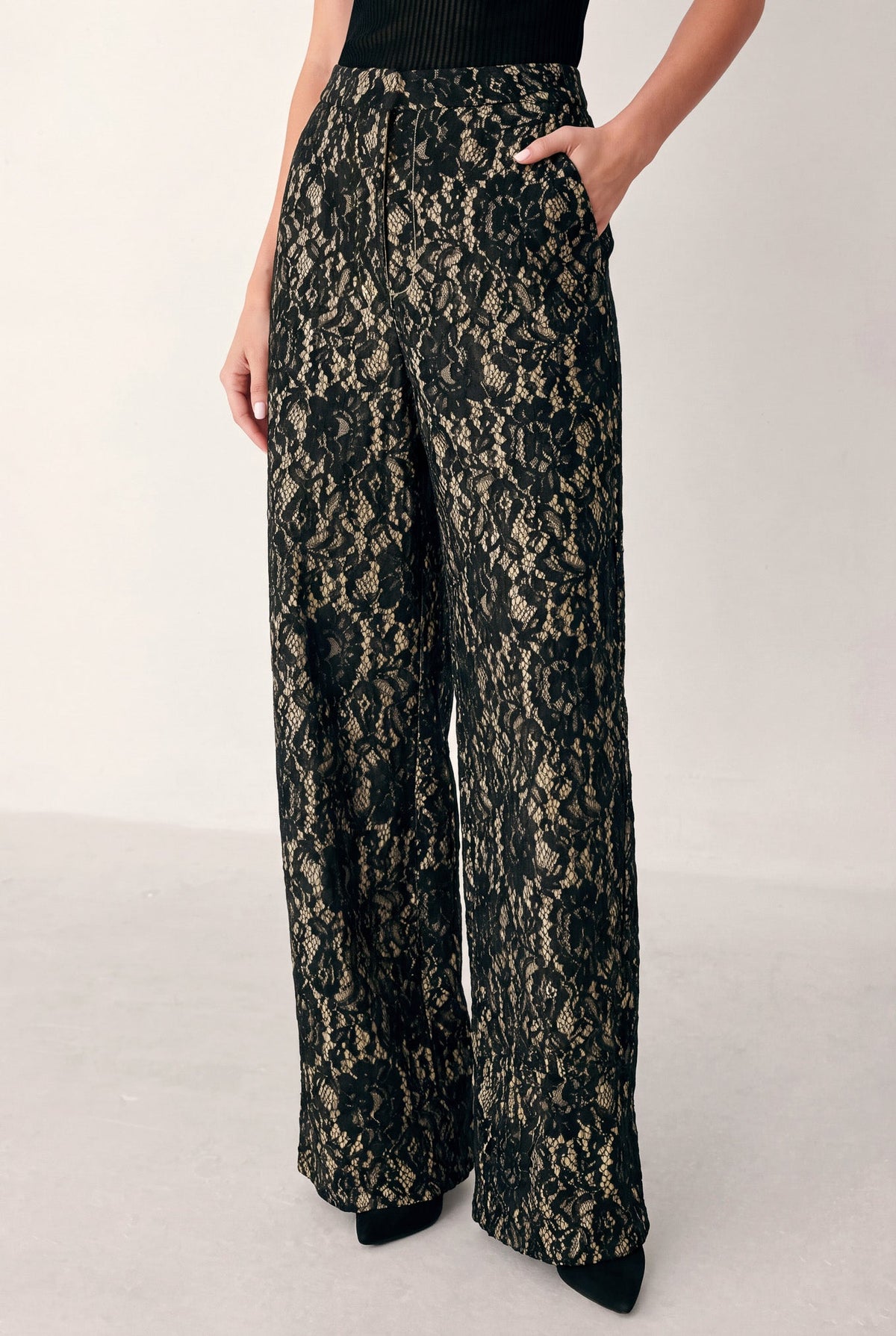 Flying Tomato Lace Theory Black and Camel Lace Wide Leg Pants