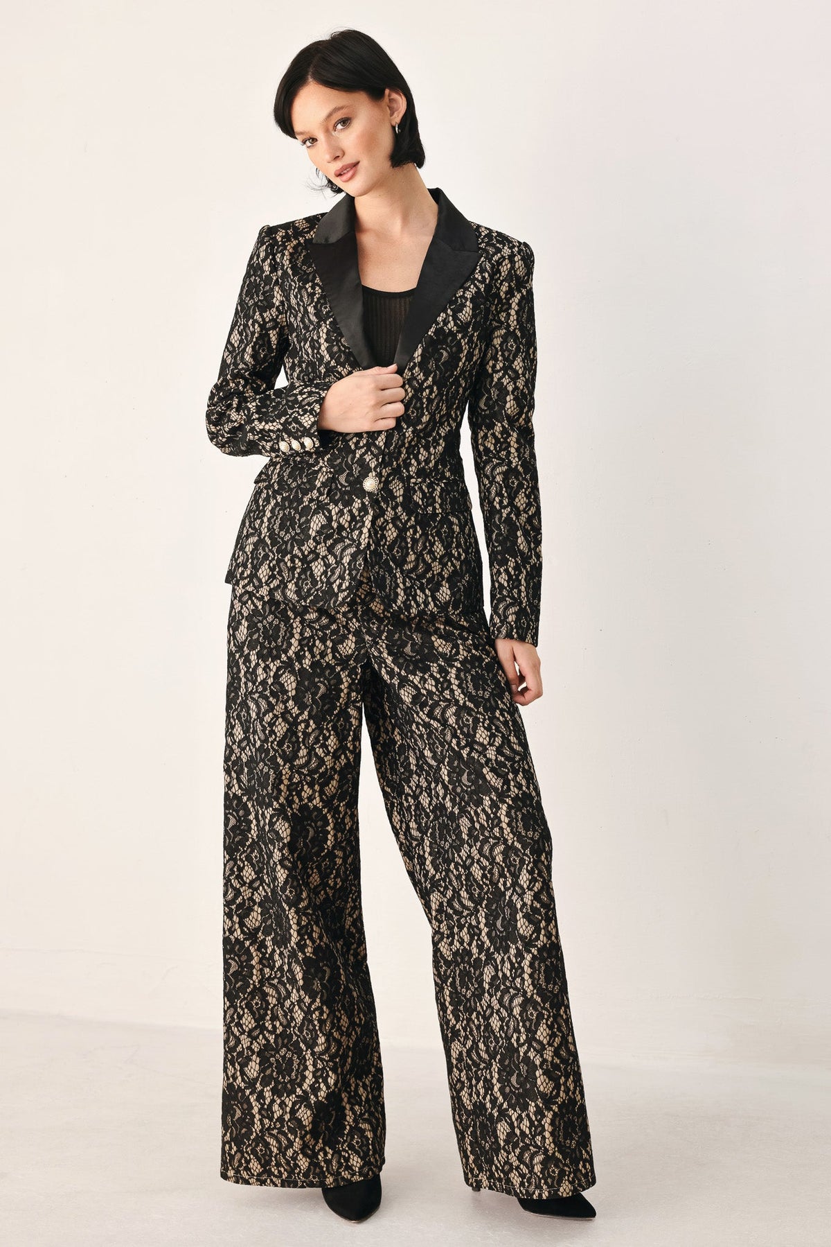 Flying Tomato Lace Theory Black and Camel Lace Wide Leg Pants