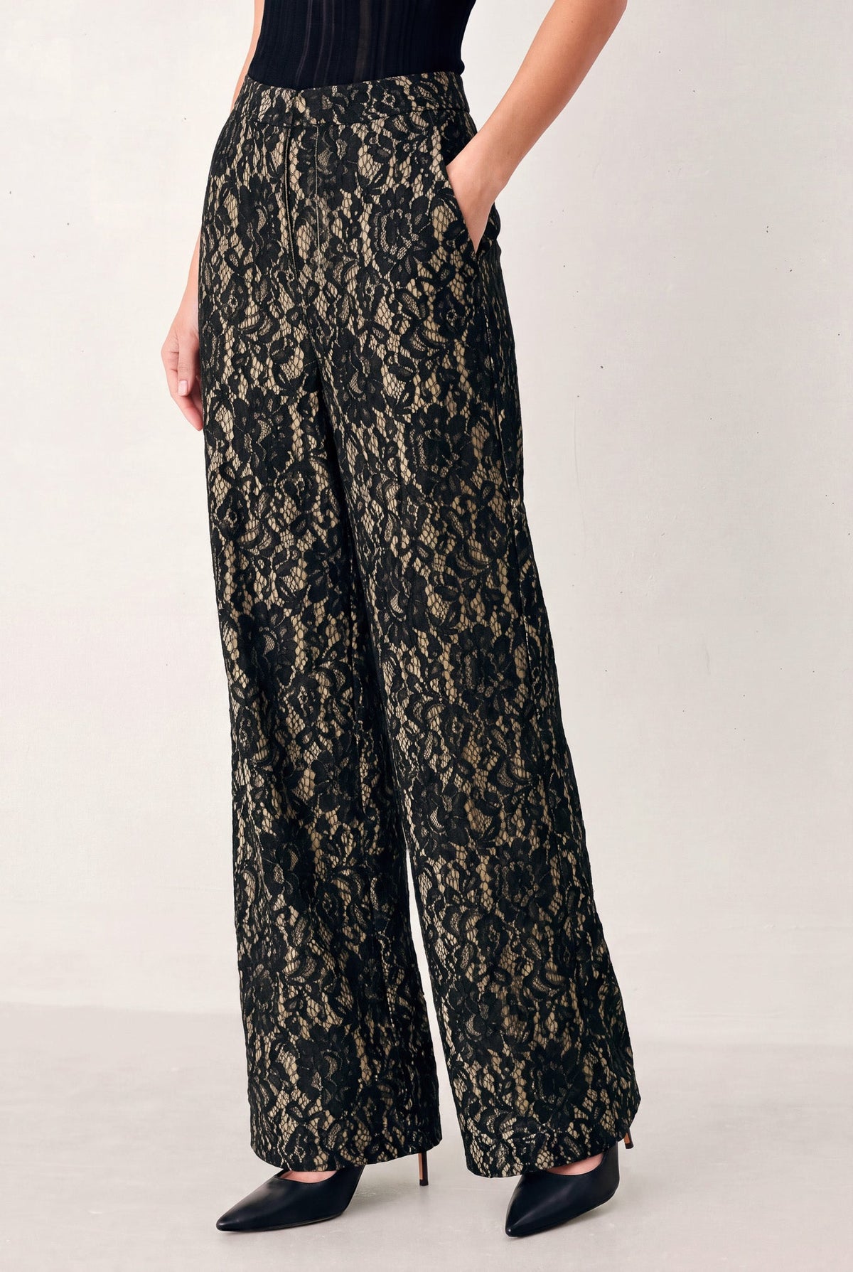 Flying Tomato Lace Theory Black and Camel Lace Wide Leg Pants