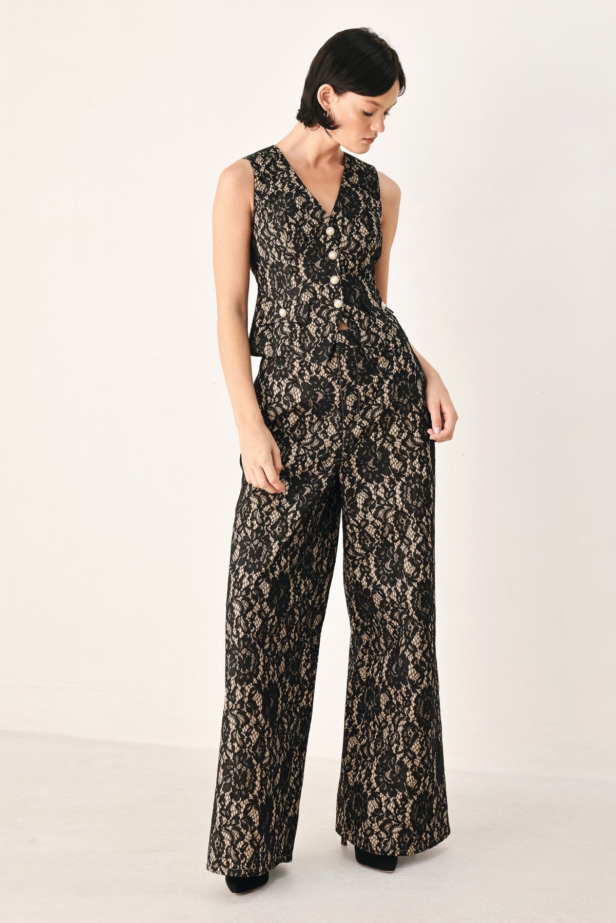 Flying Tomato Lace Theory Black and Camel Lace Wide Leg Pants