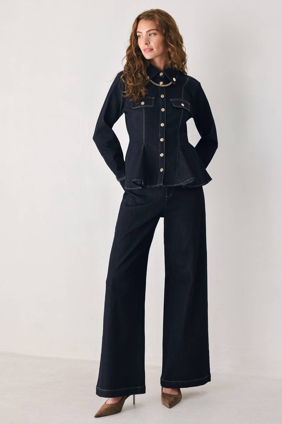 Flying Tomato Indigo Icon Button Detail Wide Leg Jeans