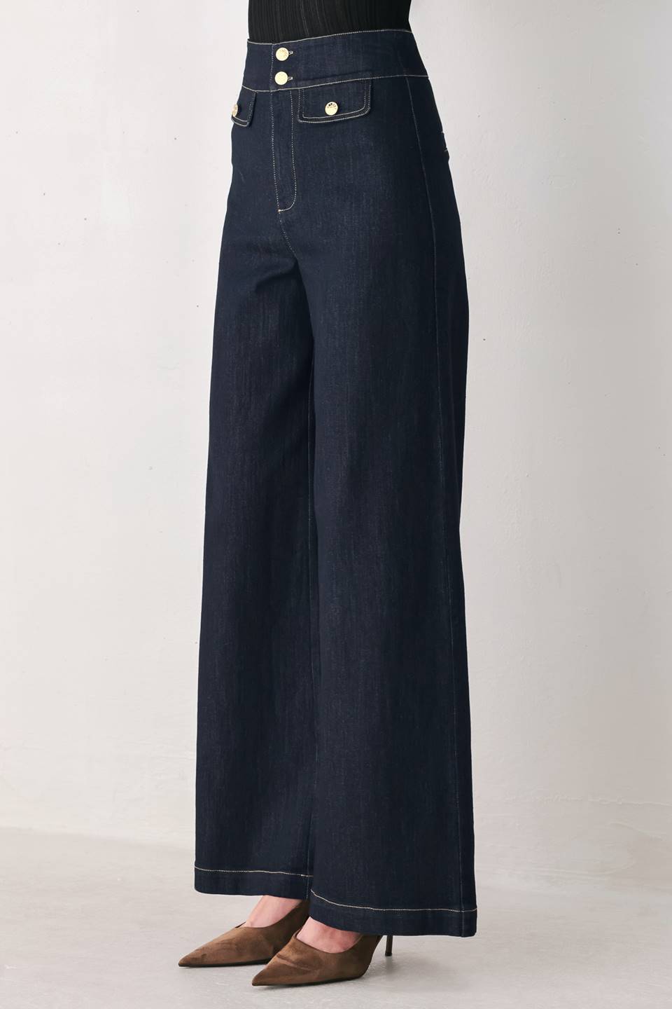 Flying Tomato Indigo Icon Button Detail Wide Leg Jeans