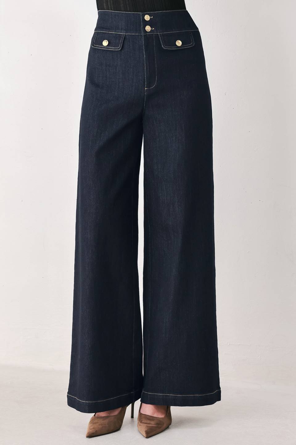 Flying Tomato Indigo Icon Button Detail Wide Leg Jeans