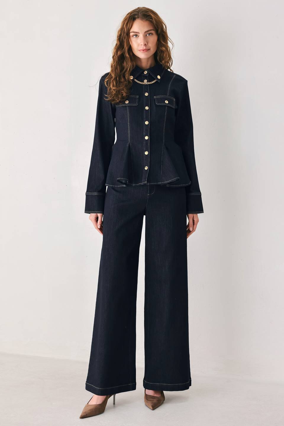 Flying Tomato Indigo Icon Button Detail Wide Leg Jeans