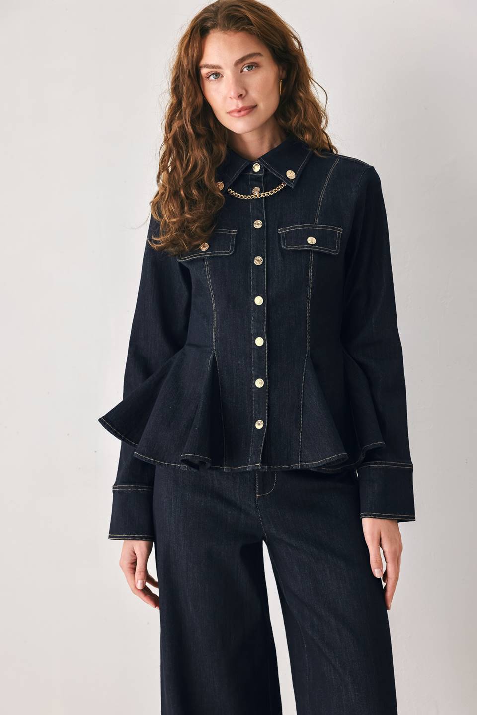 Flying Tomato Indigo Icon Button Detail Wide Leg Jeans