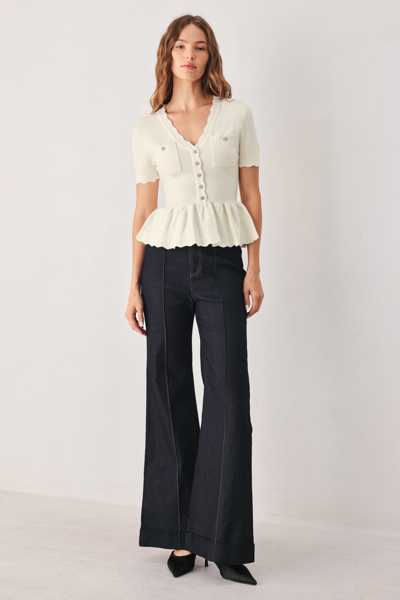 Flying Tomato | Camille Cream Peplum Cardigan