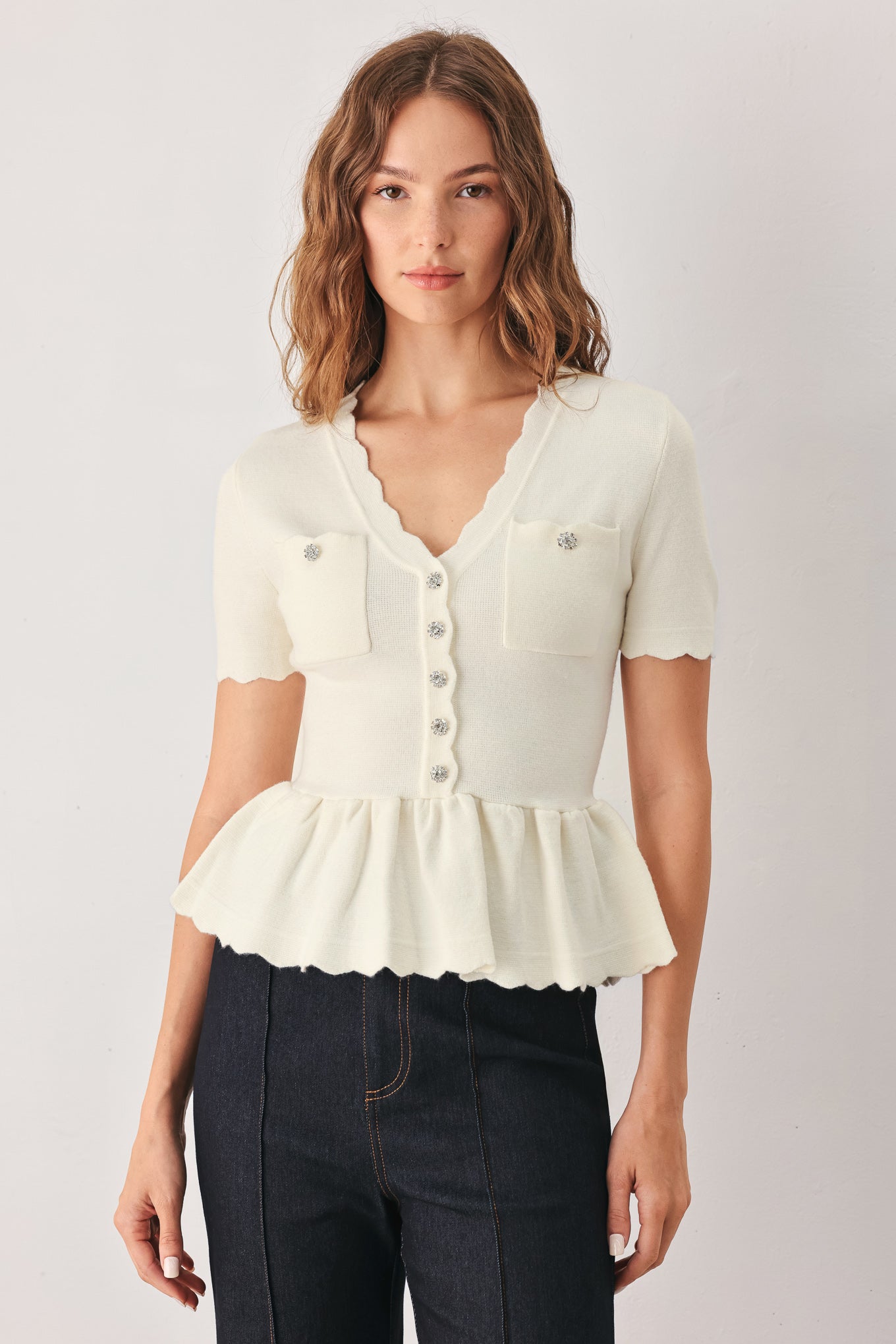 Flying Tomato | Camille Cream Peplum Cardigan