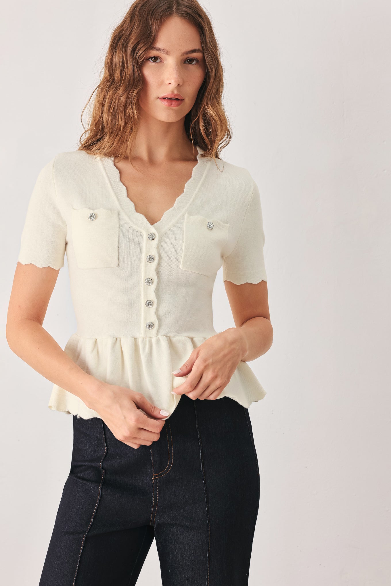 Flying Tomato | Camille Cream Peplum Cardigan