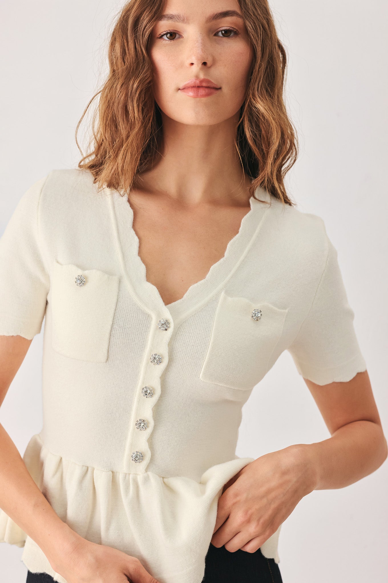 Flying Tomato | Camille Cream Peplum Cardigan