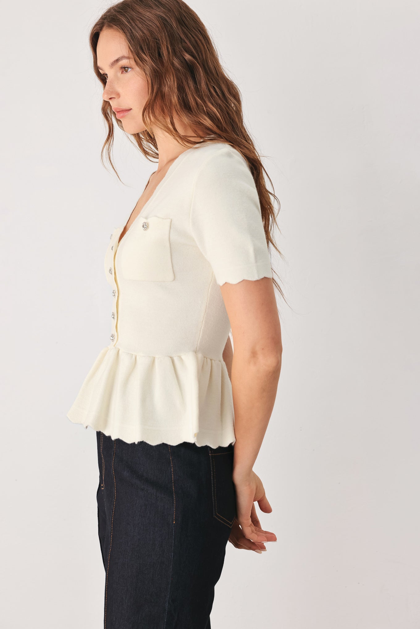 Flying Tomato | Camille Cream Peplum Cardigan