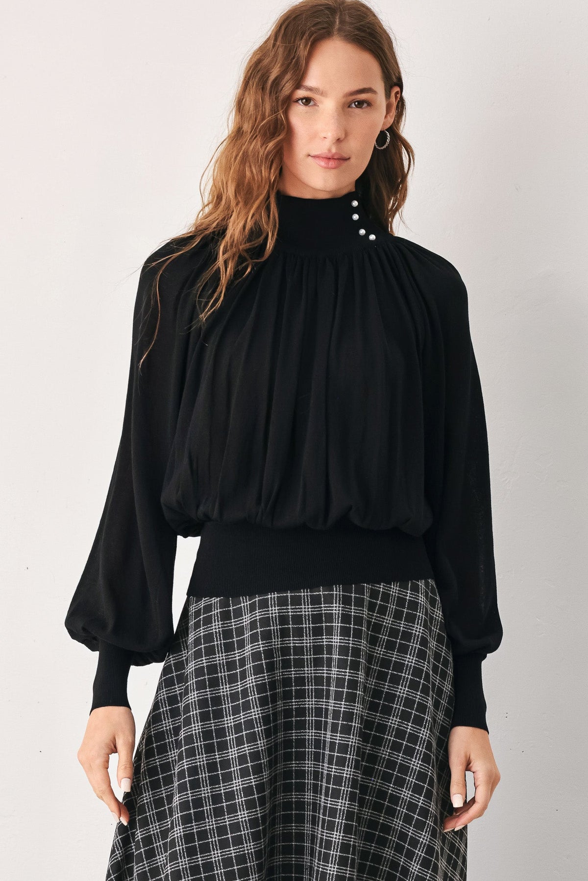 Flying Tomato Pearl-Button Draped Sweater