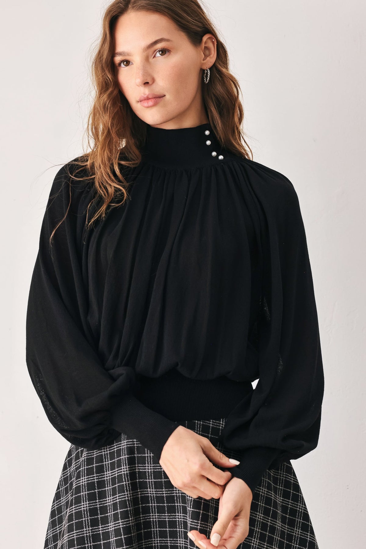 Flying Tomato Pearl-Button Draped Sweater