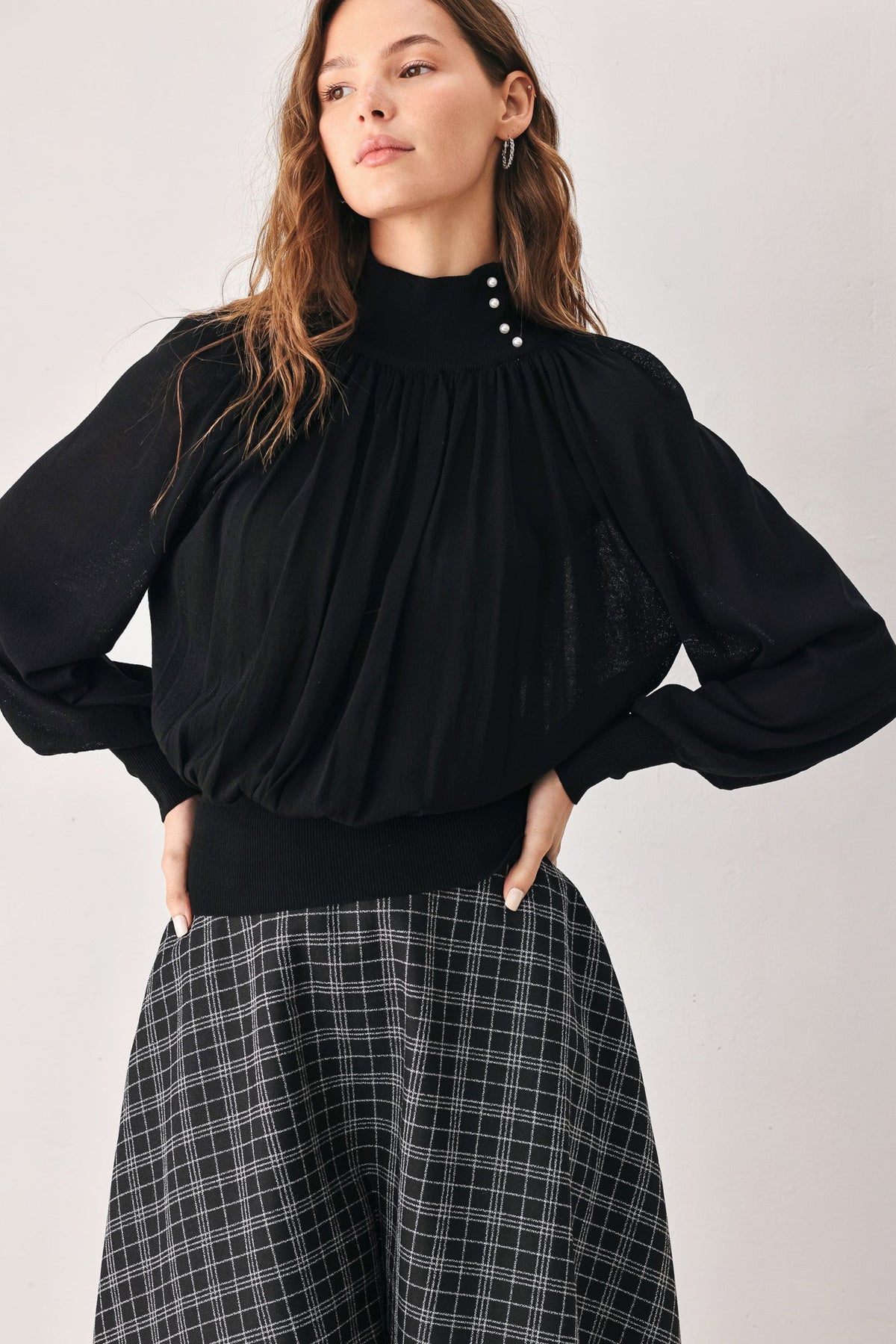 Flying Tomato Pearl-Button Draped Sweater