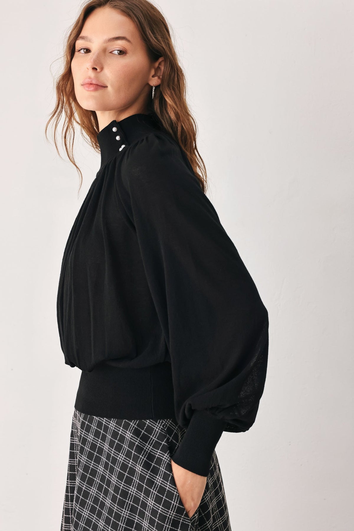 Flying Tomato Pearl-Button Draped Sweater