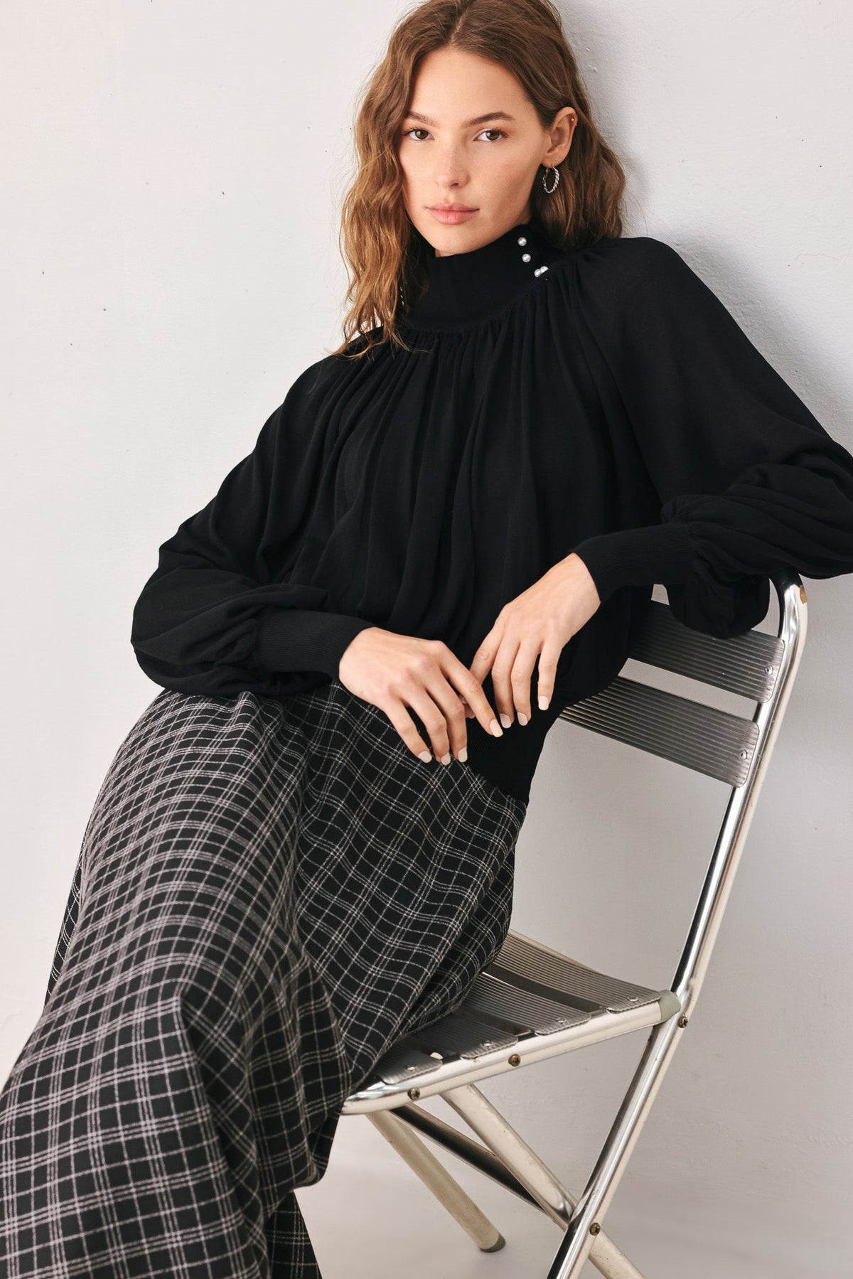 Flying Tomato Pearl-Button Draped Sweater