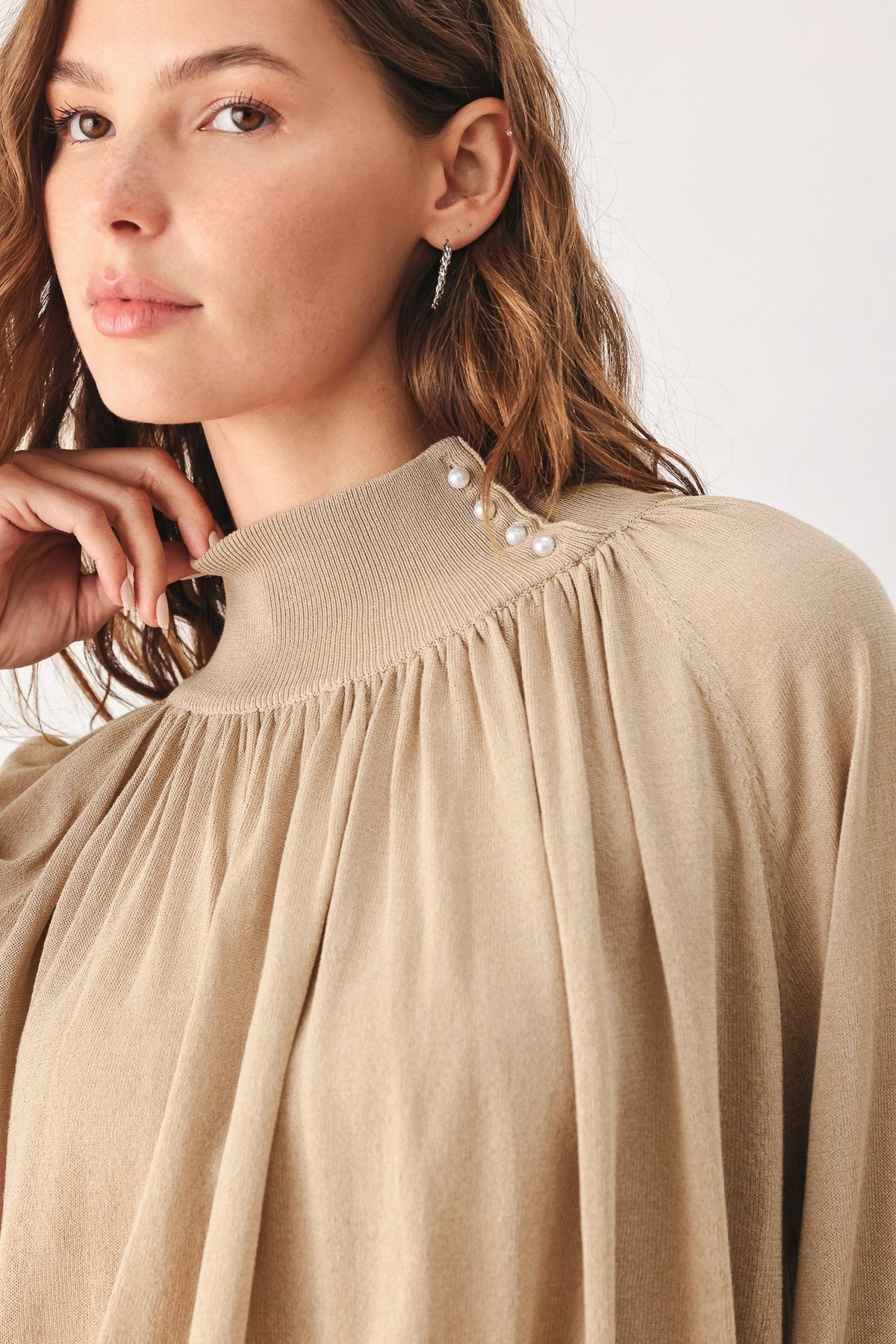 Flying Tomato Pearl-Button Draped Sweater