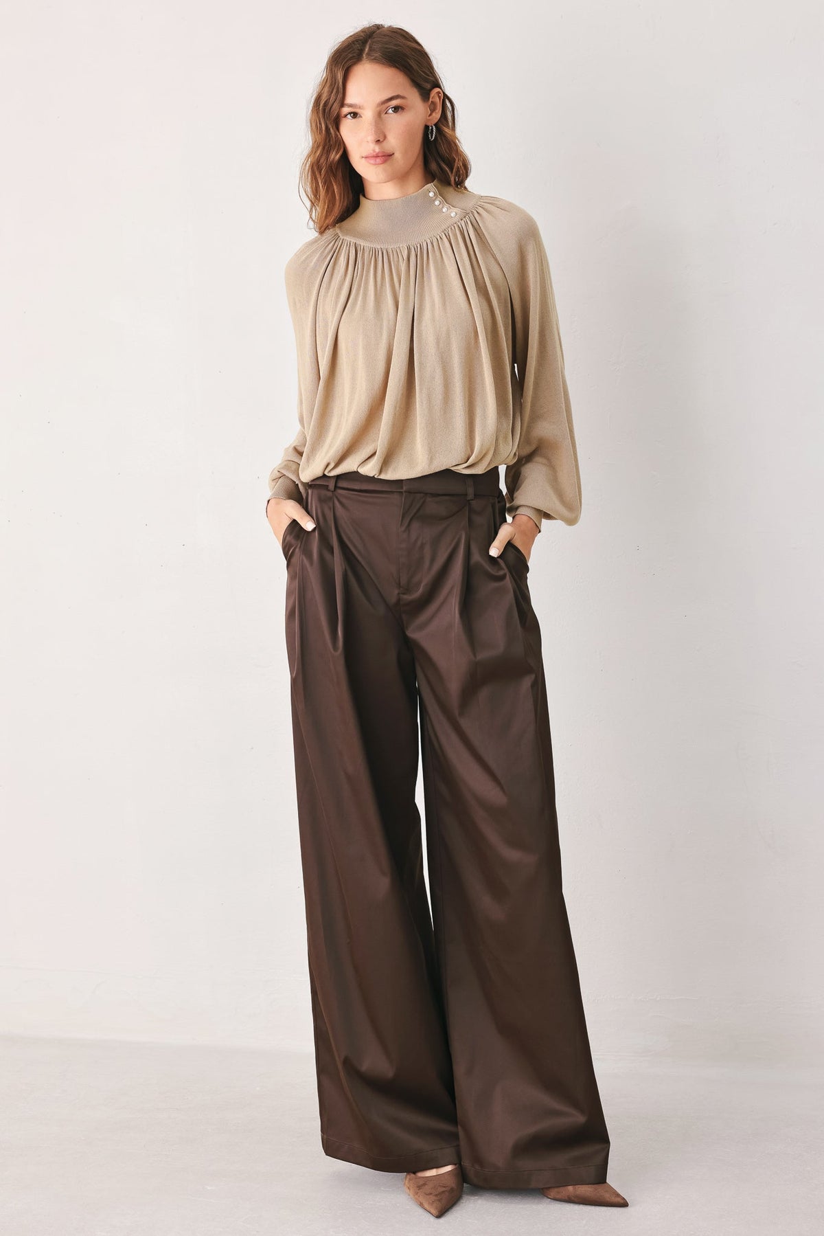 Flying Tomato Pearl-Button Draped Sweater
