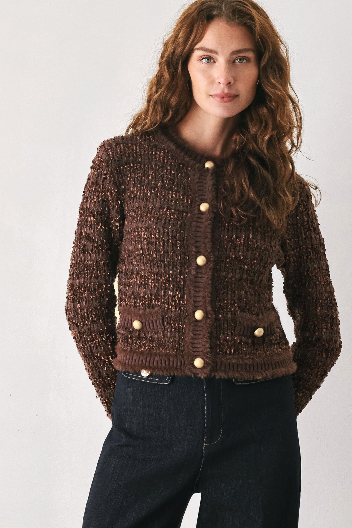 Flying Tomato Gemstone Glow Jewel Button Cropped Cardigan