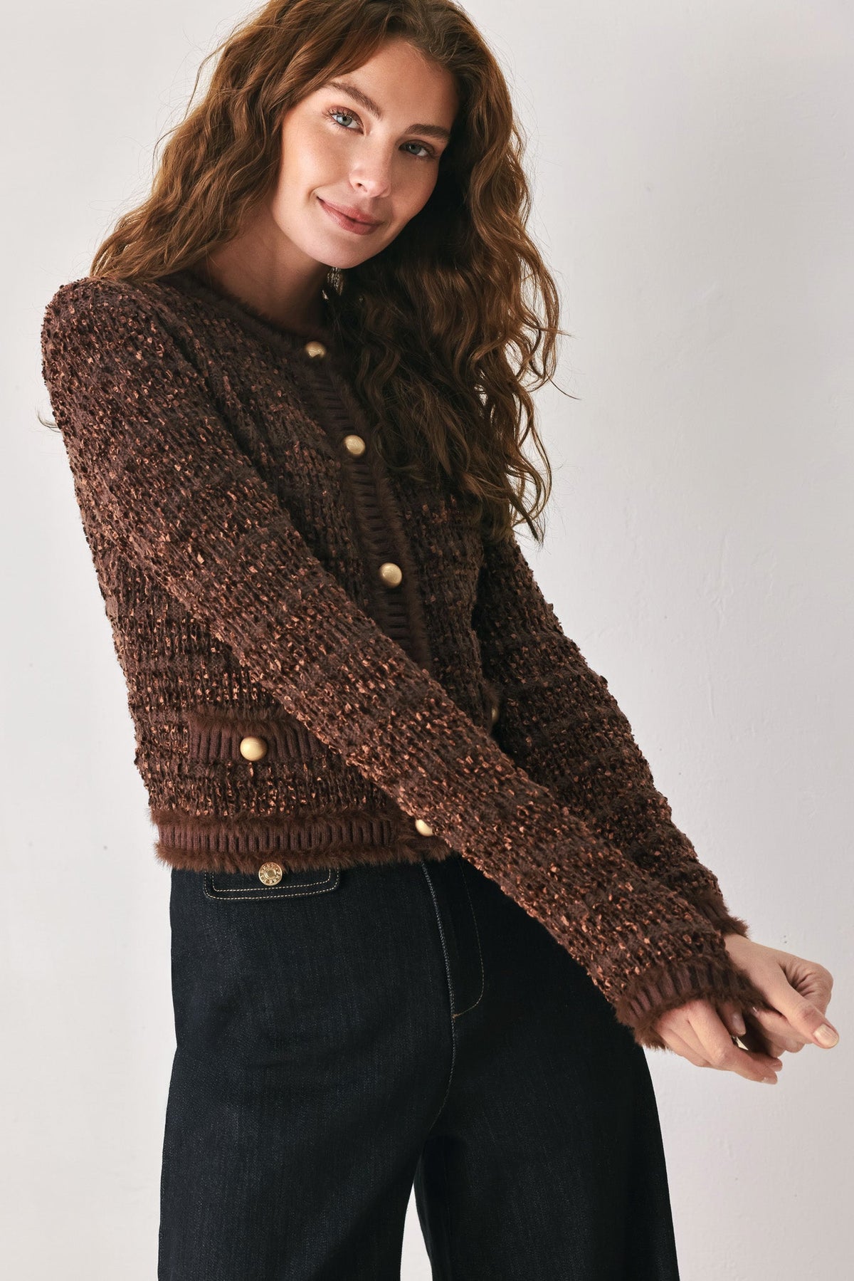 Flying Tomato Gemstone Glow Jewel Button Cropped Cardigan