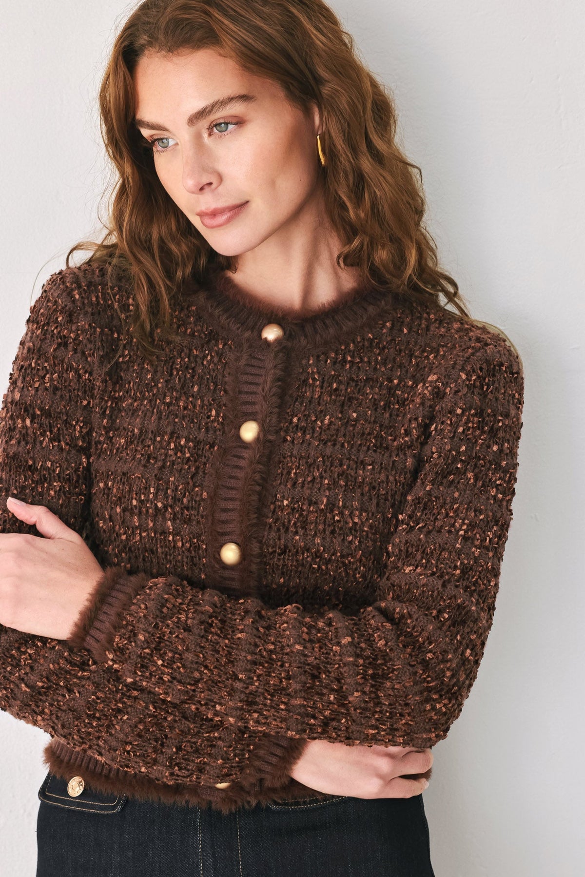 Flying Tomato Gemstone Glow Jewel Button Cropped Cardigan