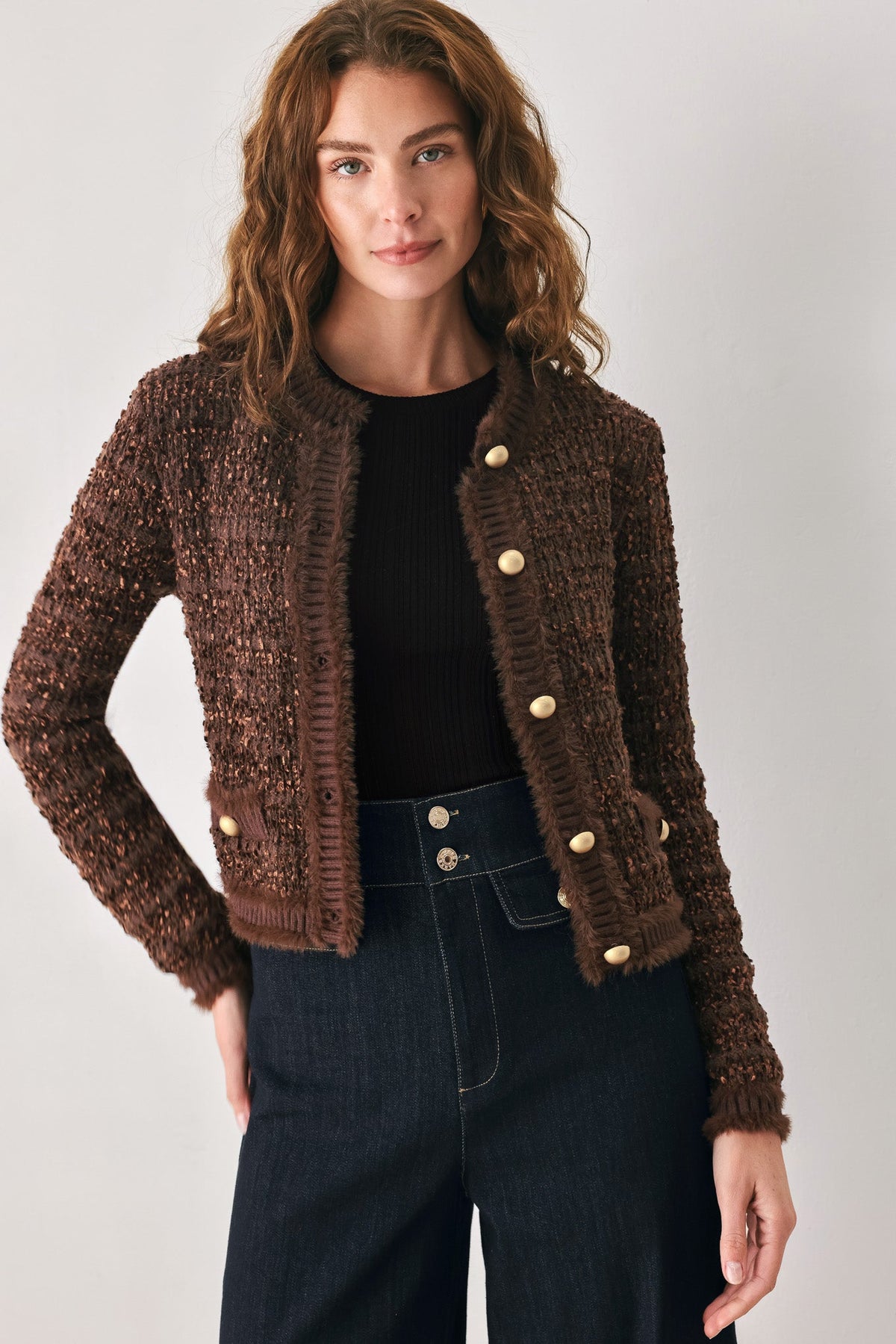Flying Tomato Gemstone Glow Jewel Button Cropped Cardigan