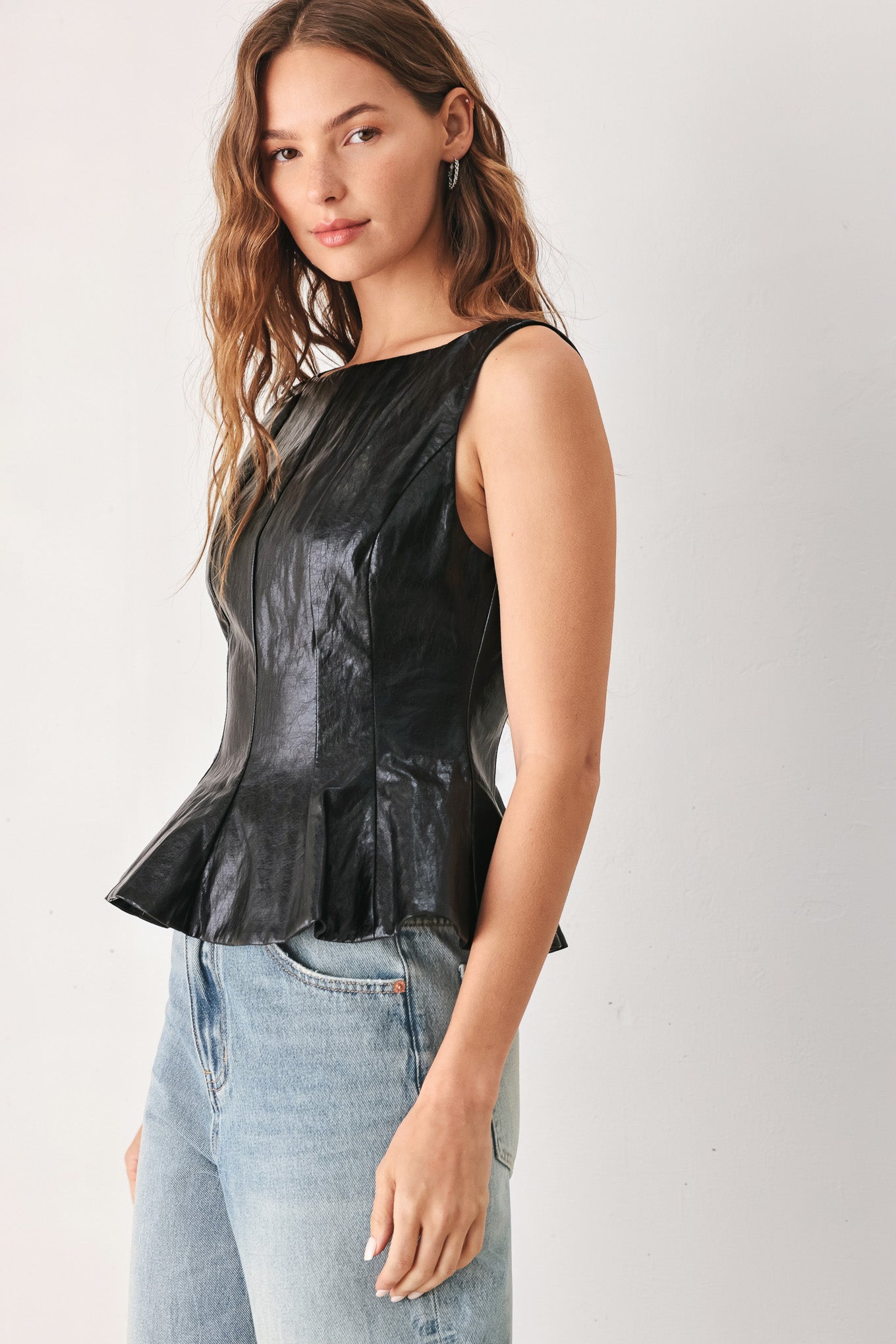 Port Wine Faux Leather Peplum Top