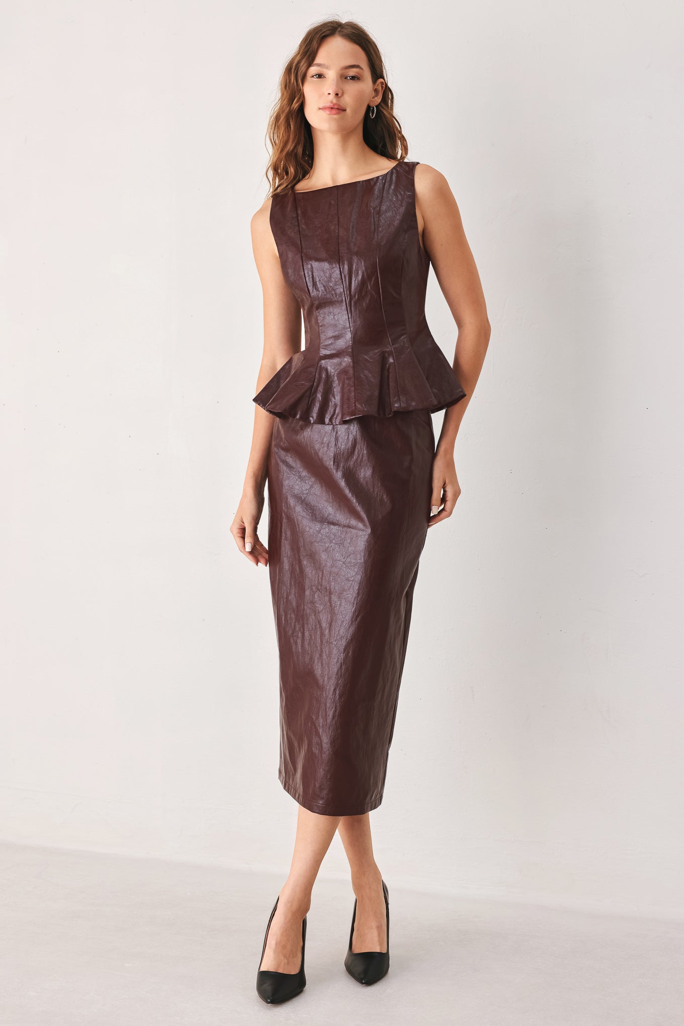 Port Wine Faux Leather Peplum Top