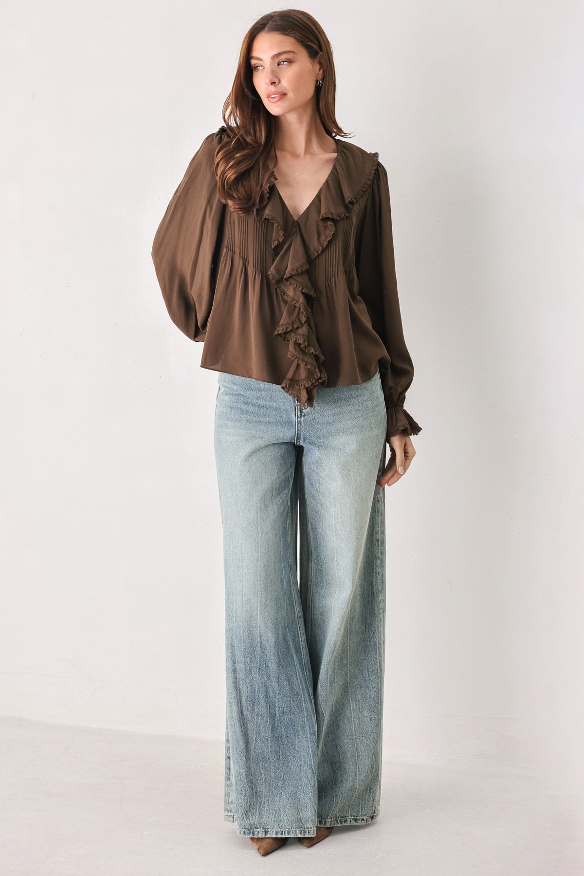 Flying Tomato Earthbound Romance Brown Ruffle Pintuck Blouse