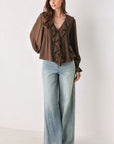 Flying Tomato Earthbound Romance Brown Ruffle Pintuck Blouse