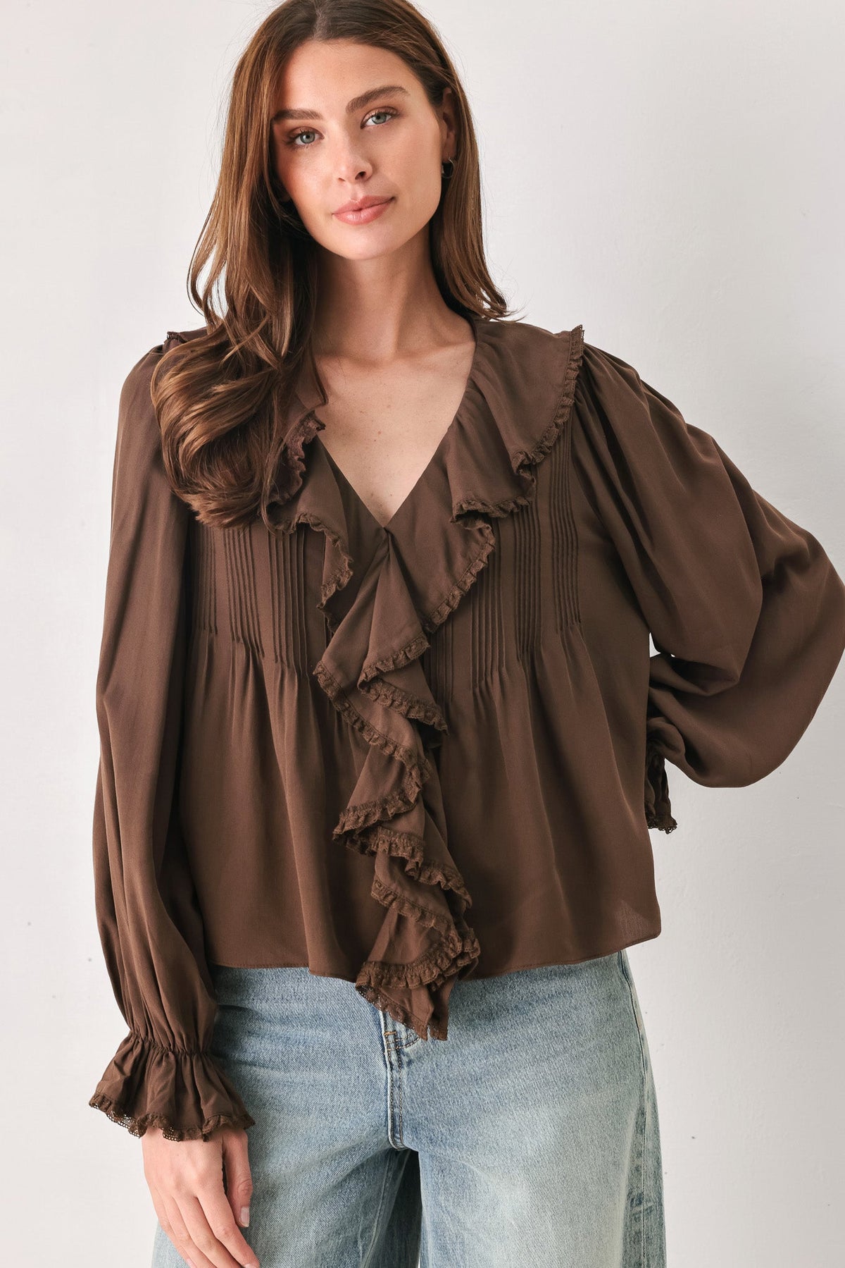 Flying Tomato Earthbound Romance Brown Ruffle Pintuck Blouse