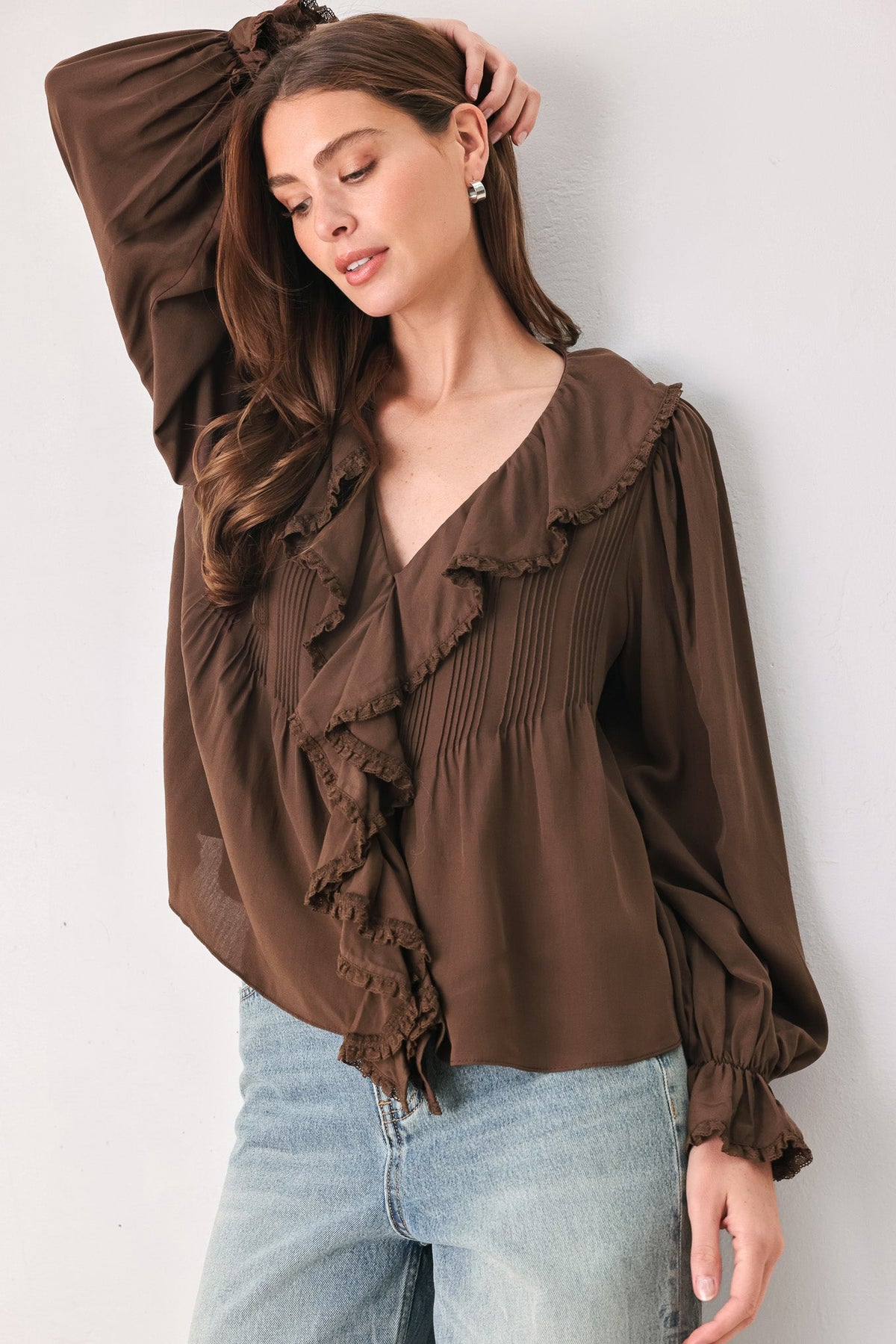 Flying Tomato Earthbound Romance Brown Ruffle Pintuck Blouse