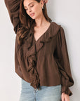 Flying Tomato Earthbound Romance Brown Ruffle Pintuck Blouse