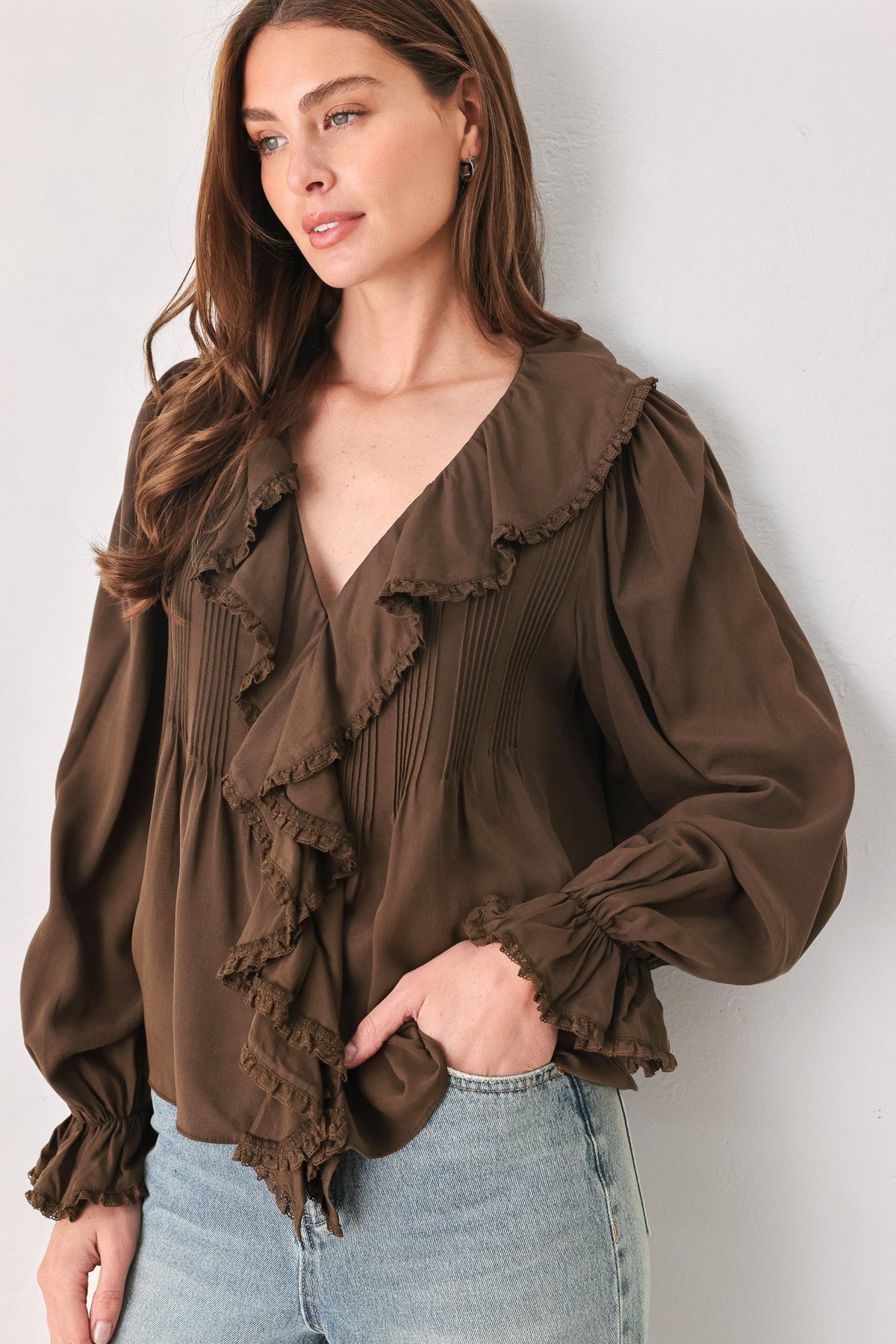 Flying Tomato Earthbound Romance Brown Ruffle Pintuck Blouse