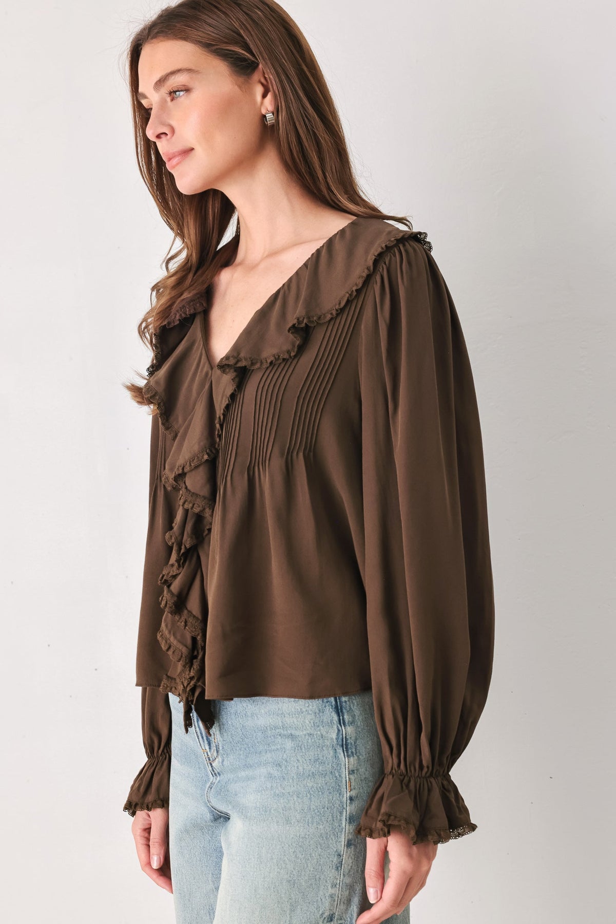 Flying Tomato Earthbound Romance Brown Ruffle Pintuck Blouse