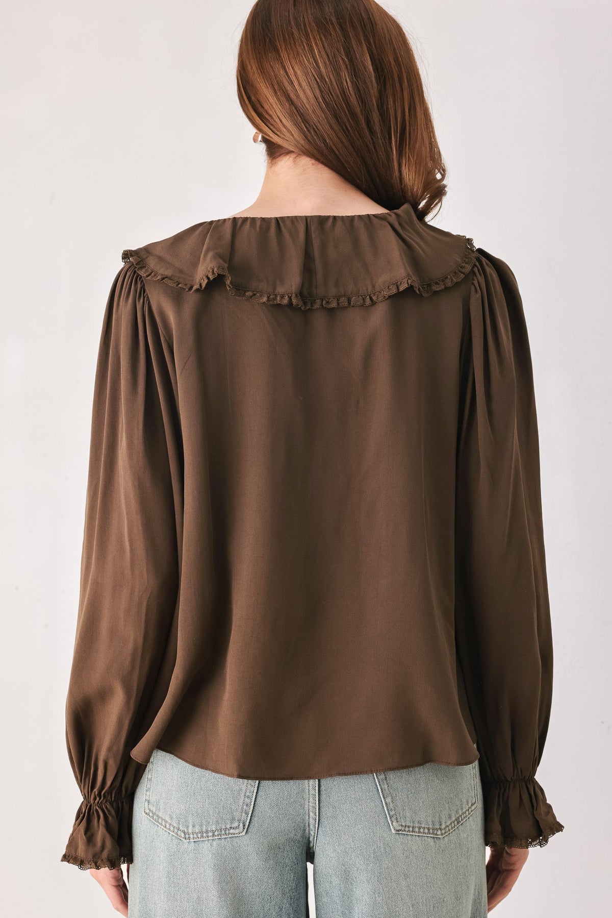 Flying Tomato Earthbound Romance Brown Ruffle Pintuck Blouse