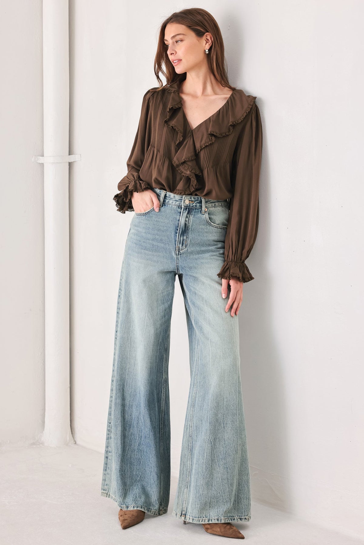 Flying Tomato Earthbound Romance Brown Ruffle Pintuck Blouse