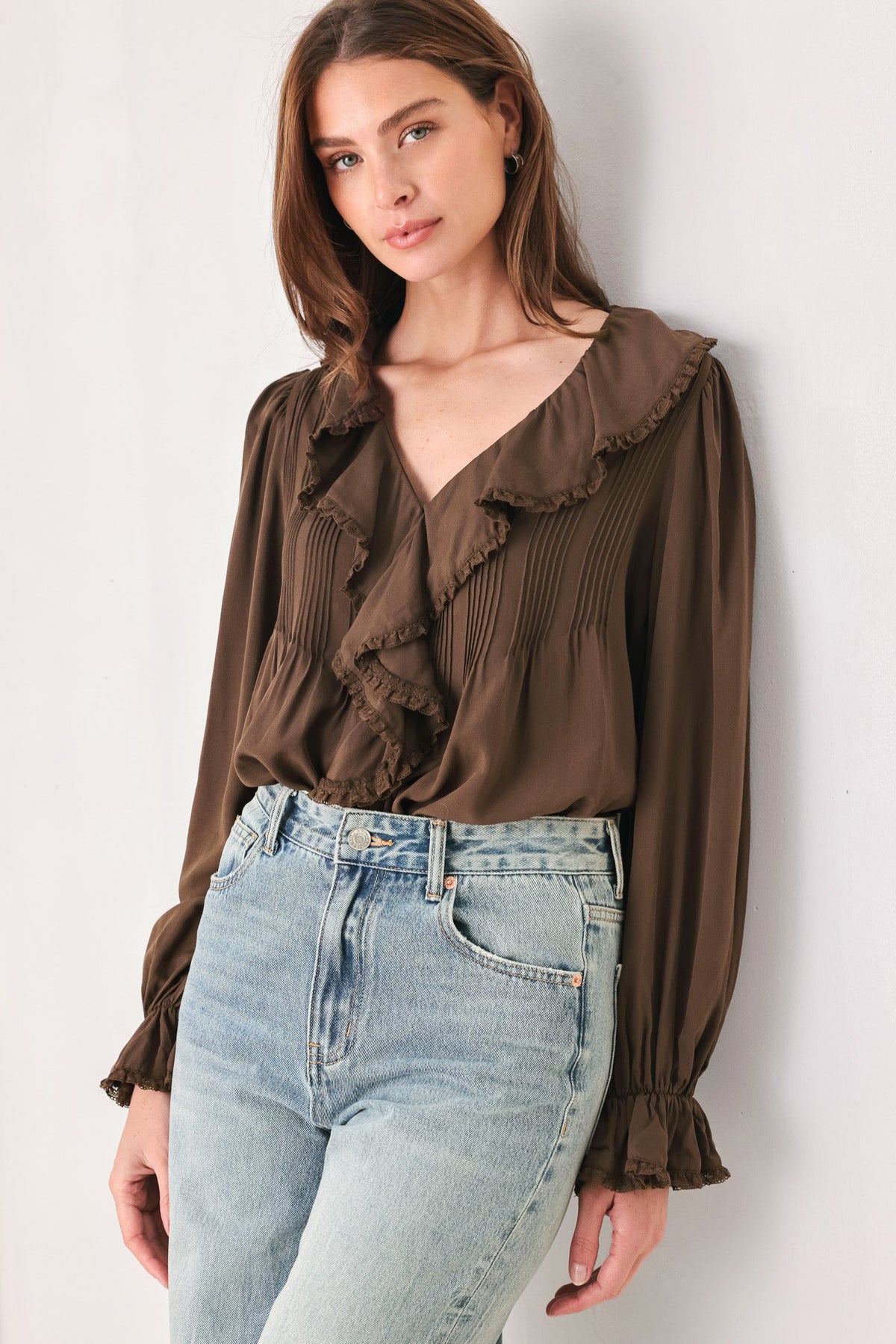 Flying Tomato Earthbound Romance Brown Ruffle Pintuck Blouse