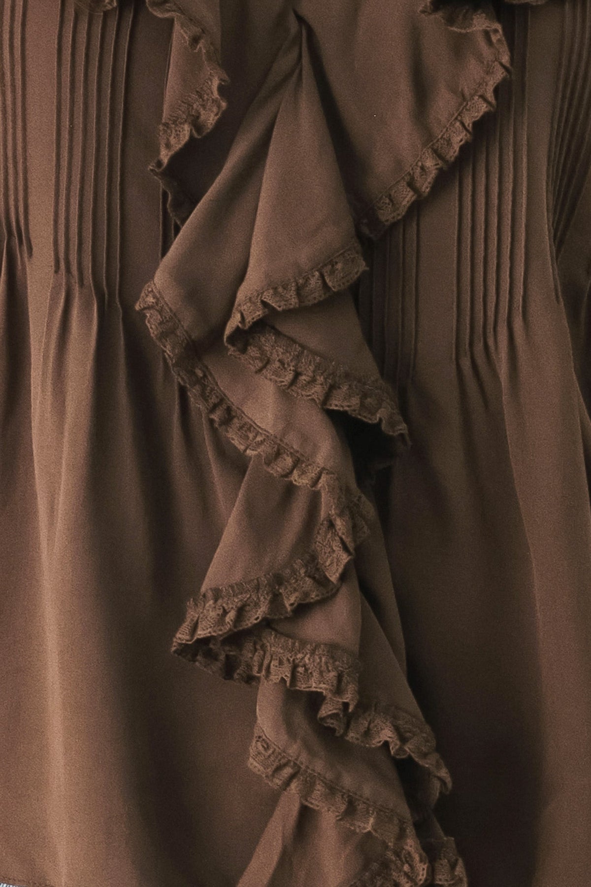 Flying Tomato Earthbound Romance Brown Ruffle Pintuck Blouse