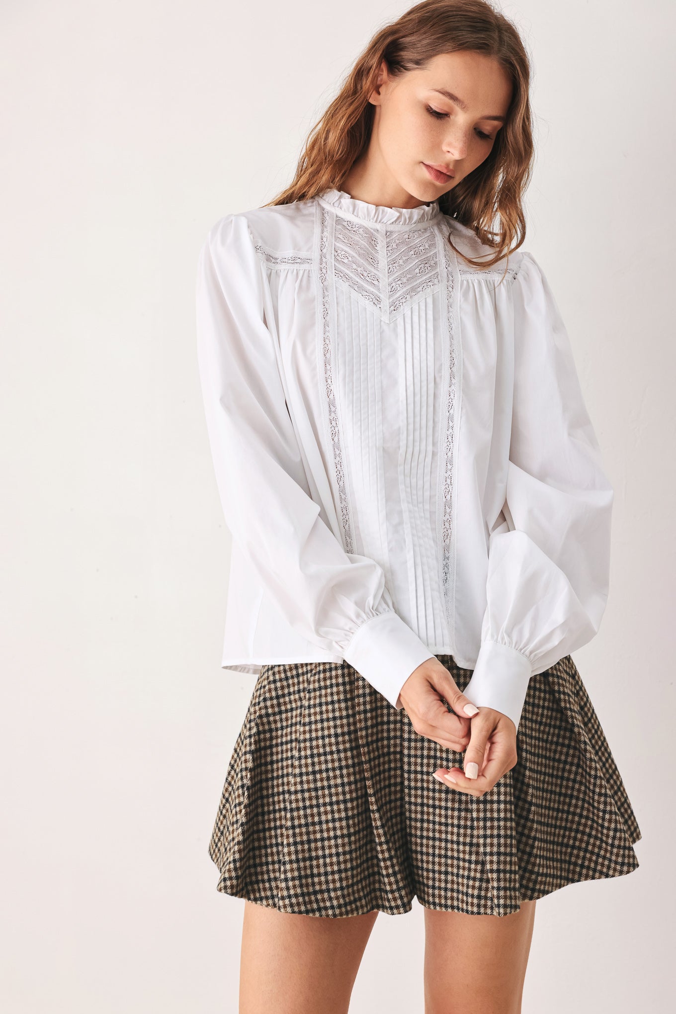 Flying Tomato Porcelain Lace Pintuck Blouse