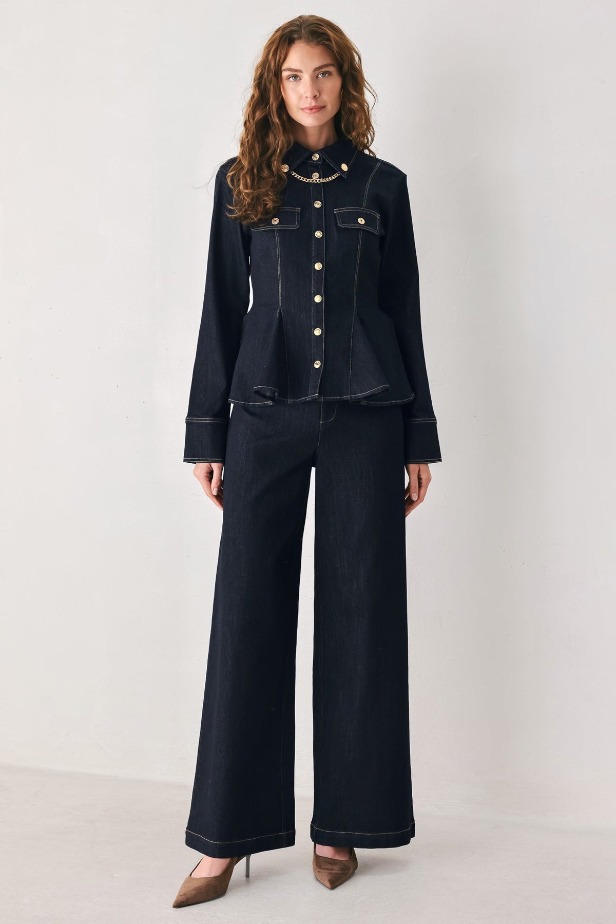 Flying Tomato Indigo Icon Chain Detail Peplum Denim Top