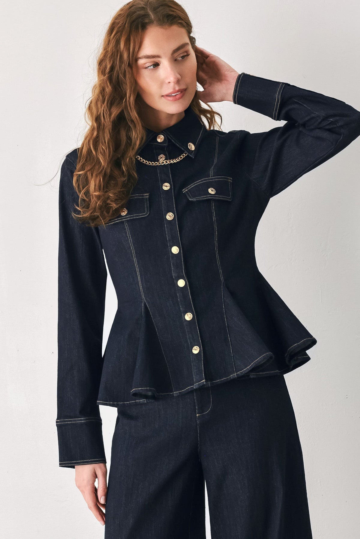 Flying Tomato Indigo Icon Chain Detail Peplum Denim Top