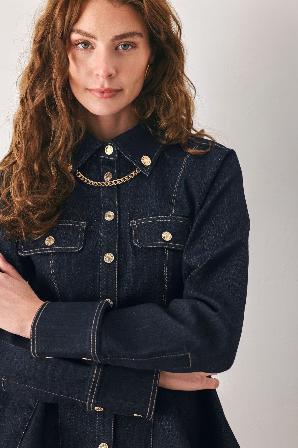 Flying Tomato Indigo Icon Chain Detail Peplum Denim Top