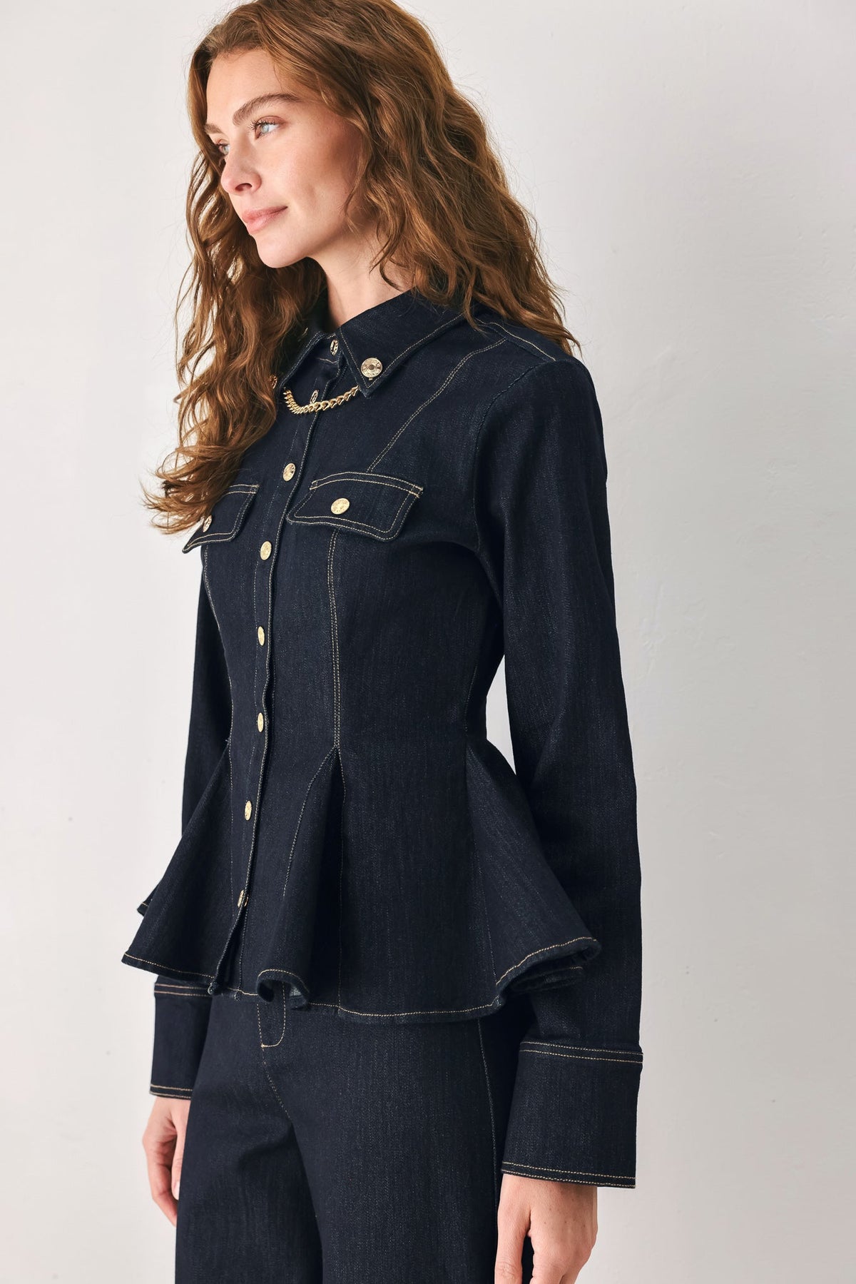 Flying Tomato Indigo Icon Chain Detail Peplum Denim Top